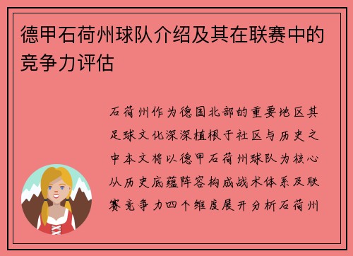 德甲石荷州球队介绍及其在联赛中的竞争力评估