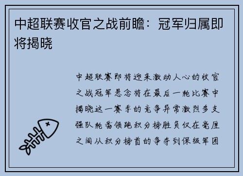 中超联赛收官之战前瞻：冠军归属即将揭晓